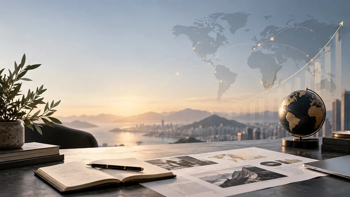 A desk with a notebook, printed reports and a globe, overlooking a coastal city at sunrise