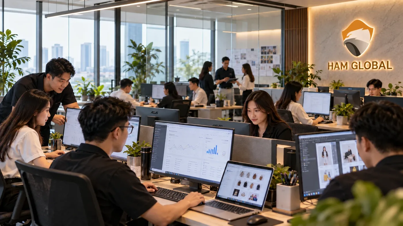 People working at desks in an open office with the HAM Global logo on the wall