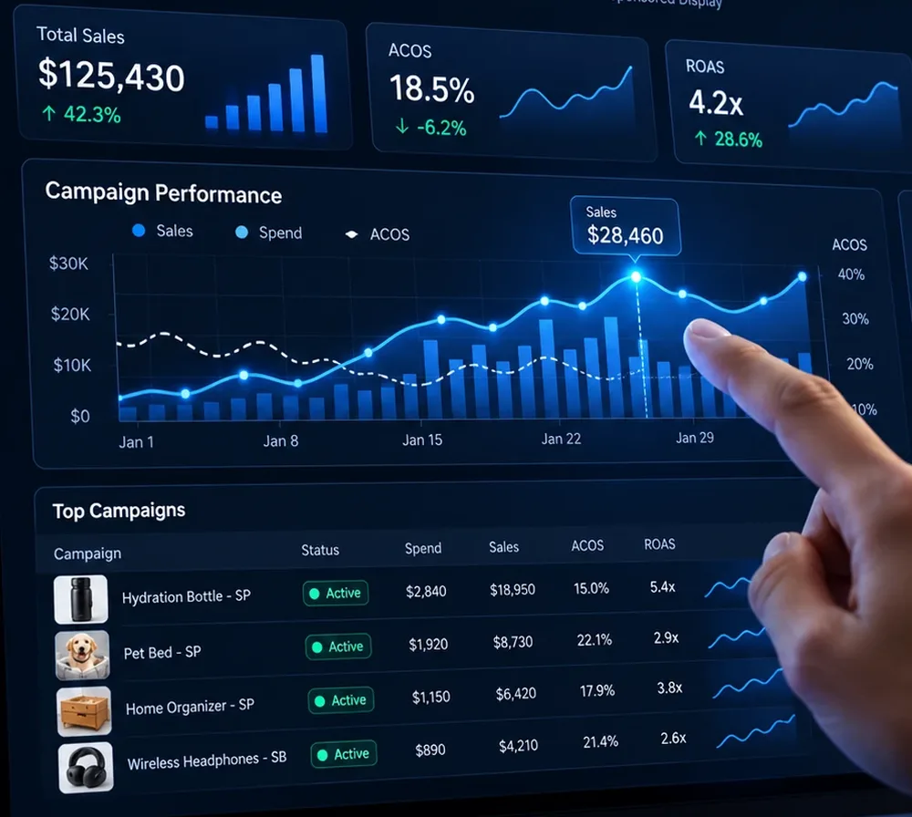 Sample advertising dashboard with campaign performance chart and campaign table