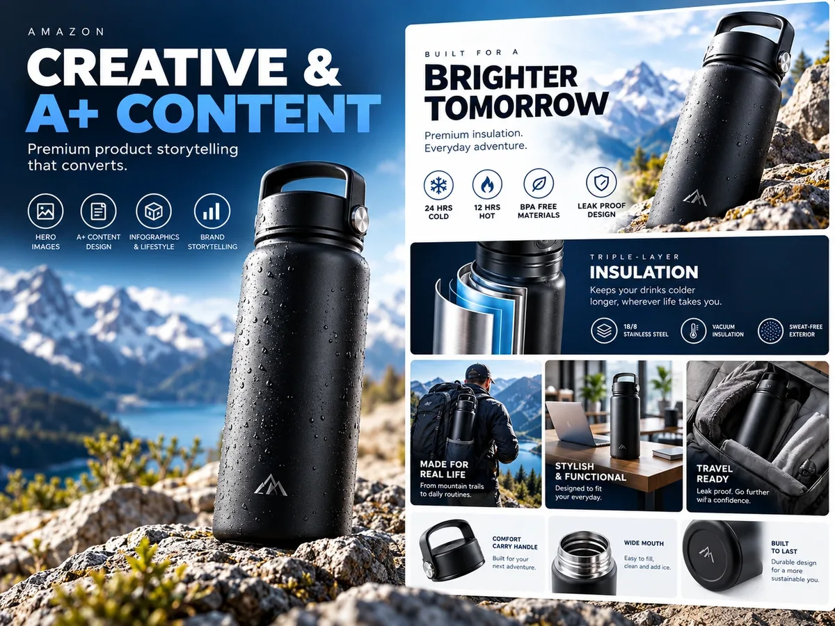 Sample A+ Content layout for a drinkware product with feature icons and lifestyle photos