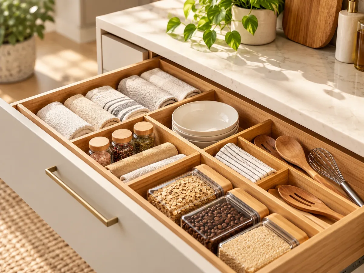 A kitchen drawer with bamboo organisers