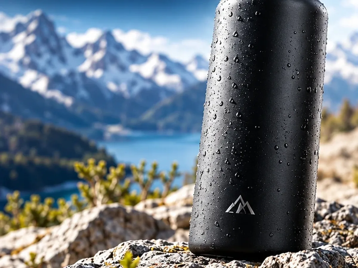 An insulated bottle standing on rocks in front of a mountain lake