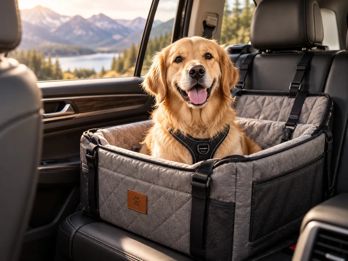 A golden retriever sitting in a dog car seat