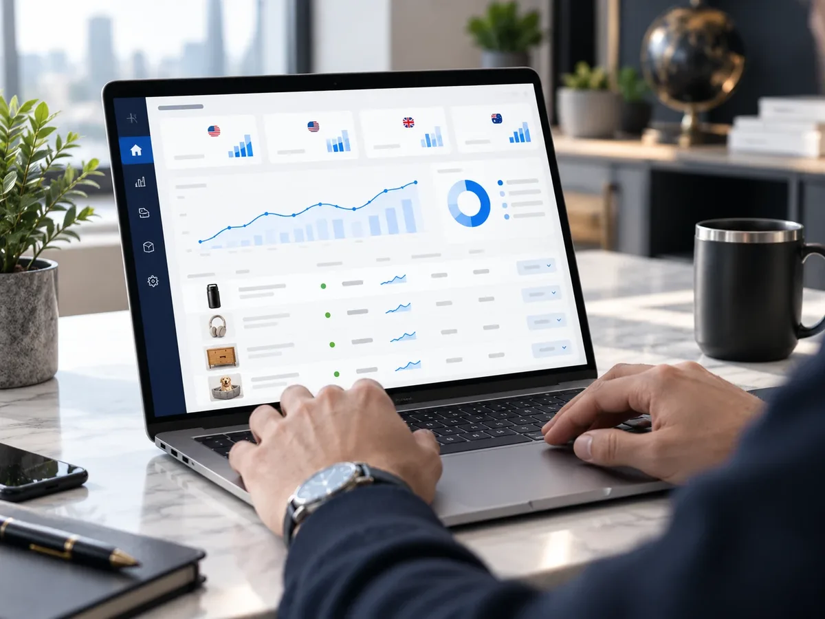 A laptop showing a multi-marketplace sales dashboard