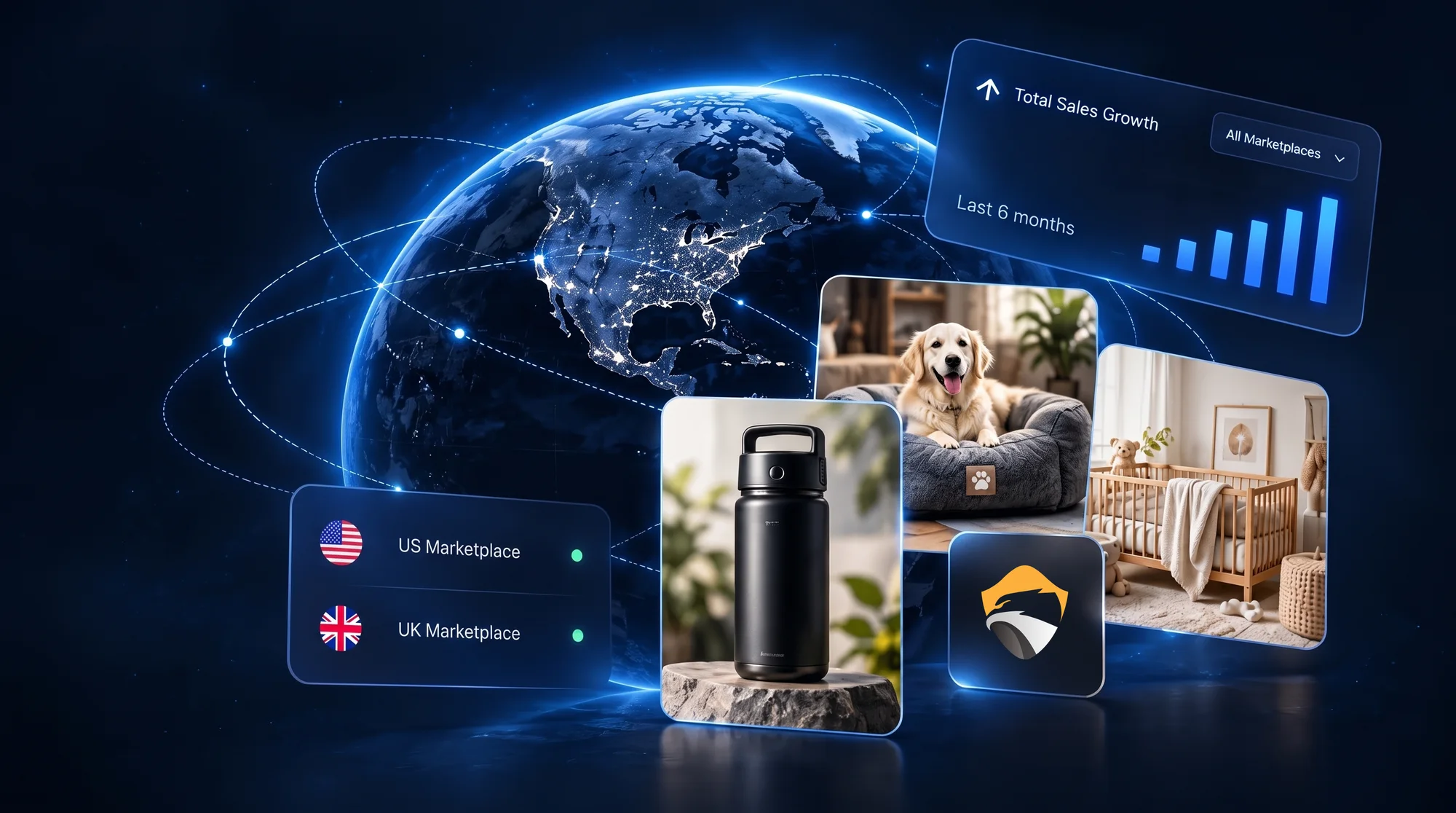 Illustration: a globe with the Amazon US and UK marketplaces, sample product photos and a sales chart
