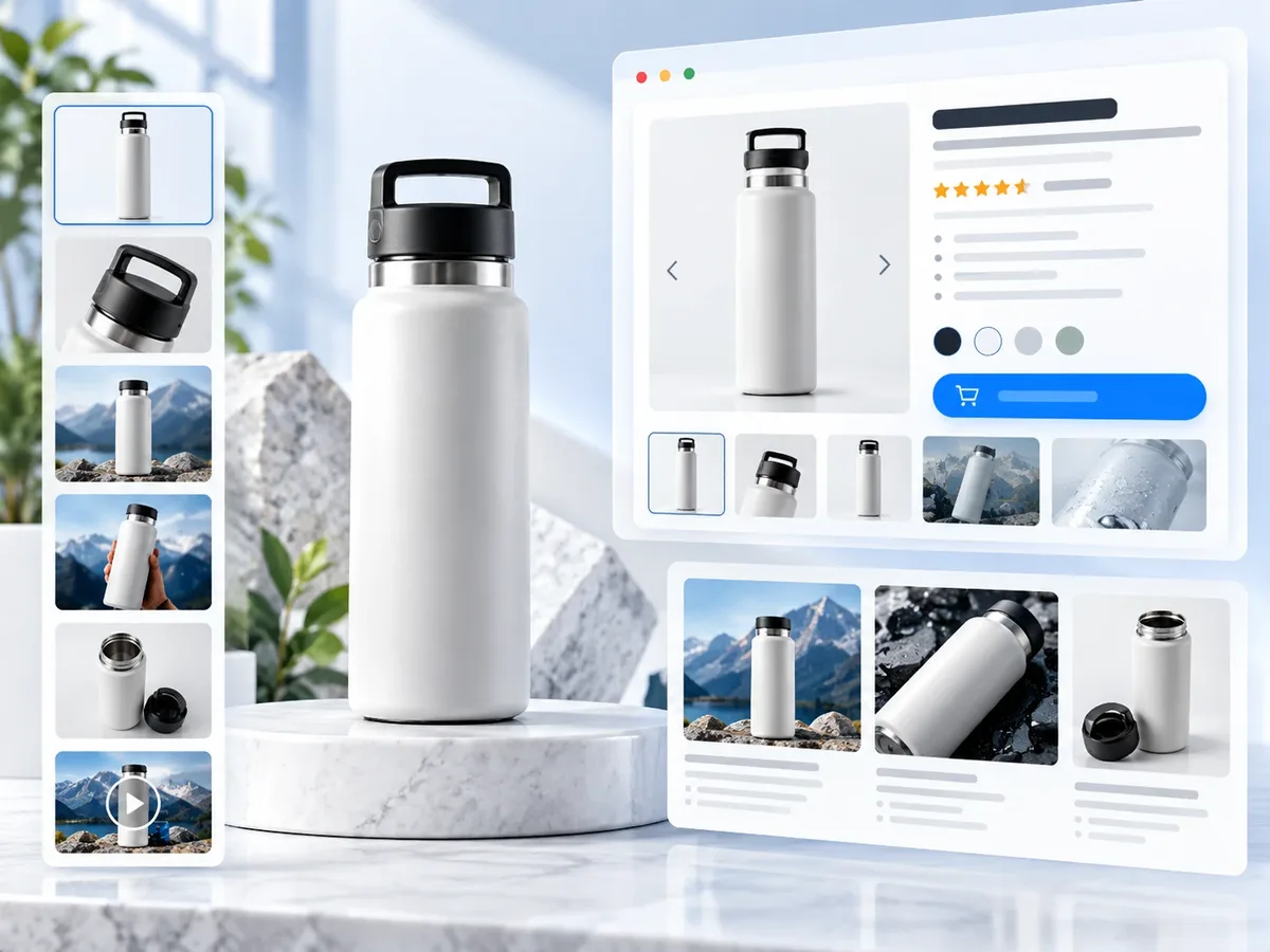 A product listing layout with main image, gallery thumbnails and bullet points